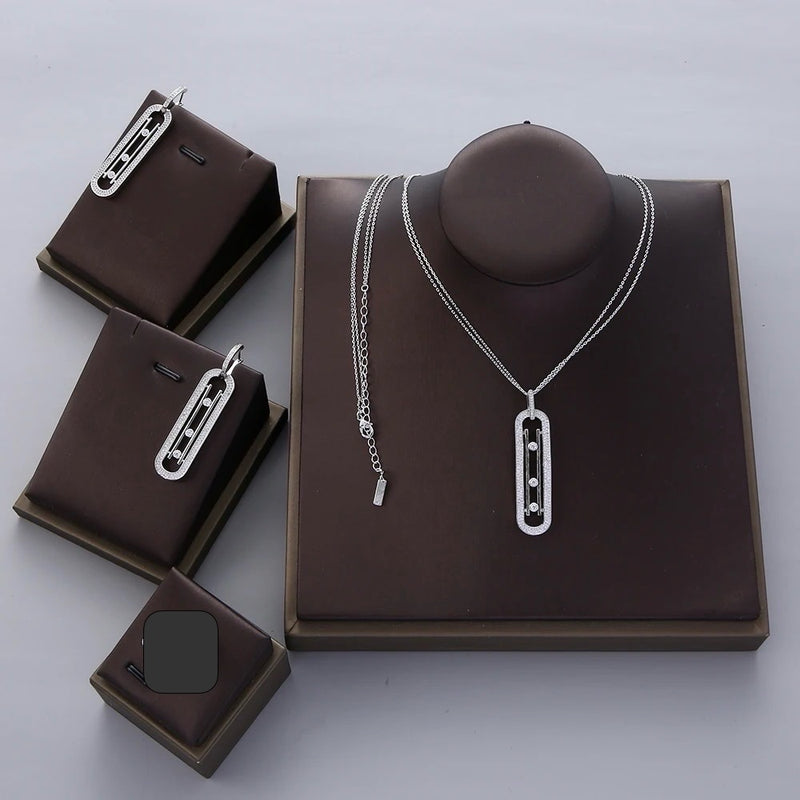 Luxury Geometry Double Long Chain Stackable Pendant Necklace Earring Set S4639234