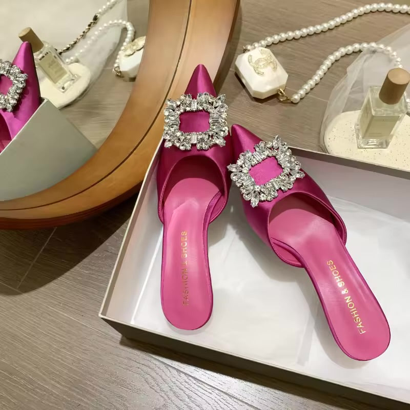 Pointed Toe Slingback Mules Women Fashion Square Rhinestone Women Sandals  380043 - TUZZUT Qatar Online Shopping
