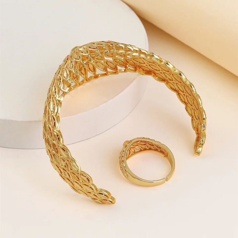 Open Copper Gold Bangle Ring Set for Women Petal Design Hollow Out Cuff Bracelet - Tuzzut.com Qatar Online Shopping