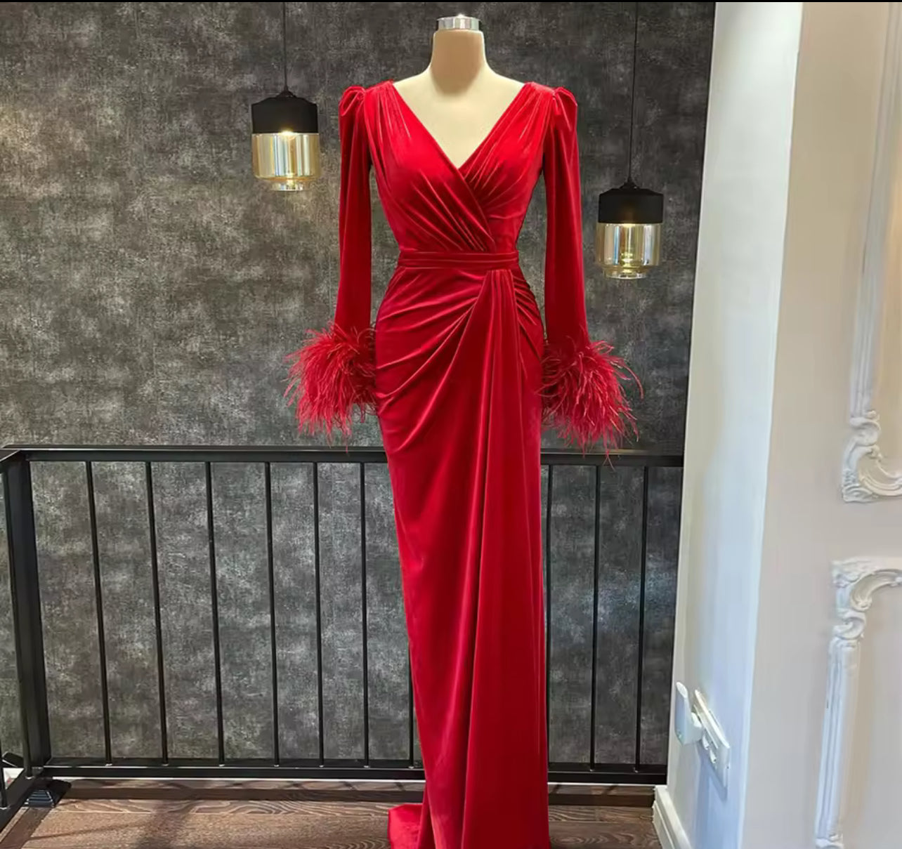 Evening Dress Long Sleeves Velvet Feather Mermaid Women's Prom Dresses S5085918 Evening Dress Long Sleeves Velvet Feather Mermaid Women's Prom Dresses S5085918