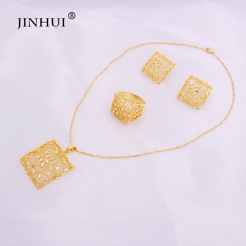 Gold color Jewelry sets Ethiopia women African Party wedding gifts Necklace Earrings ring S3972242 - TUZZUT Qatar Online Shopping