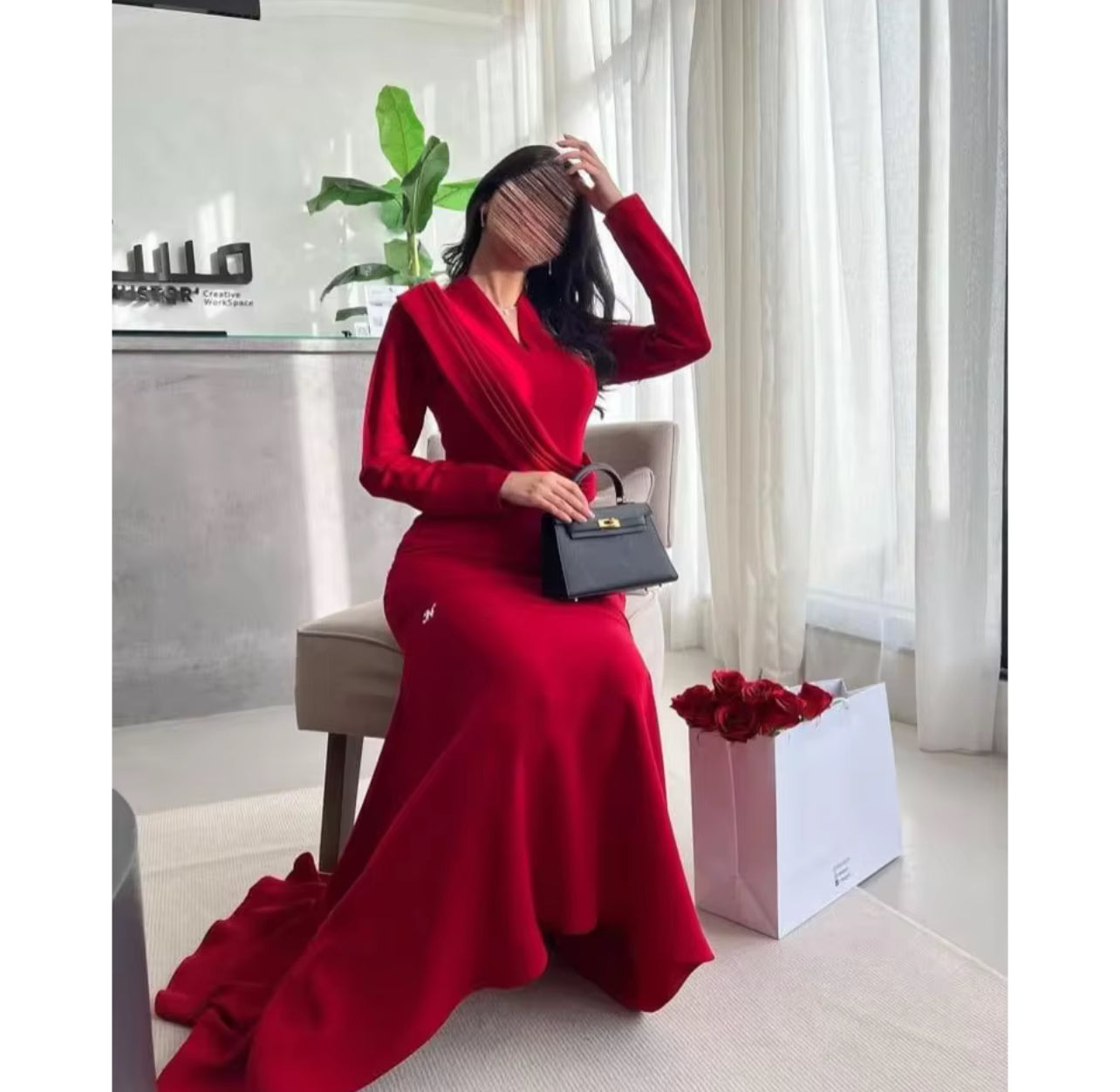 Red Evening Dress Long Sleeves V Neck Floor Length S5082532 Red Evening Dress Long Sleeves V Neck Floor Length S5082532