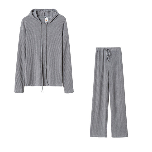 Fall Women Fashion Autumn Knitting 2PCS Outfits Long Sleeve Hooded Tops High Waist Wide Leg Pants Sets Casual Lounge Wear B-19575 - Tuzzut.com Qatar Online Shopping