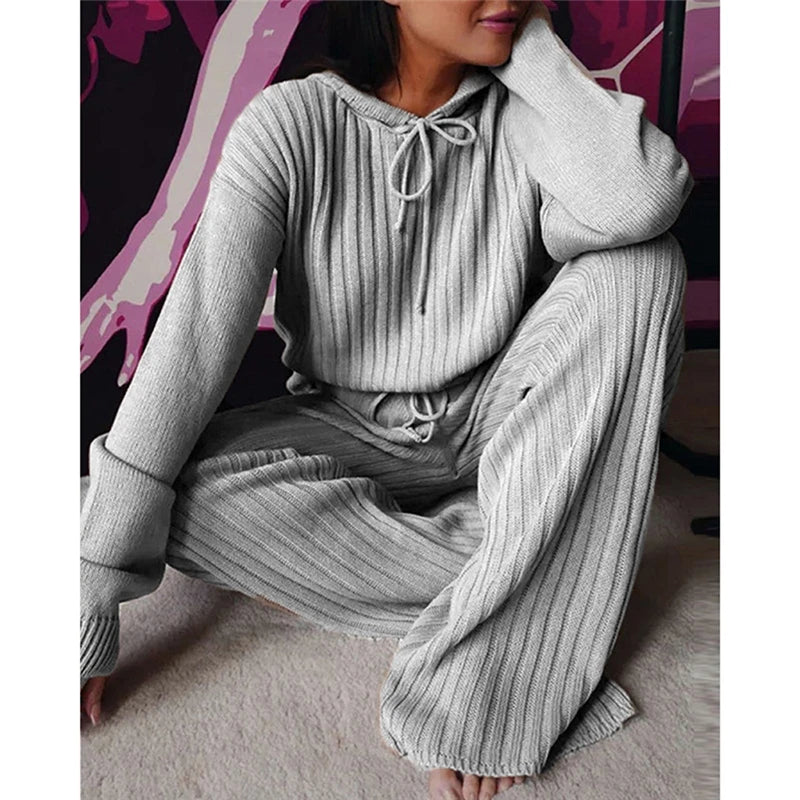 Fall Women Fashion Autumn Knitting 2PCS Outfits Long Sleeve Hooded Tops High Waist Wide Leg Pants Sets Casual Lounge Wear B-19575 - Tuzzut.com Qatar Online Shopping