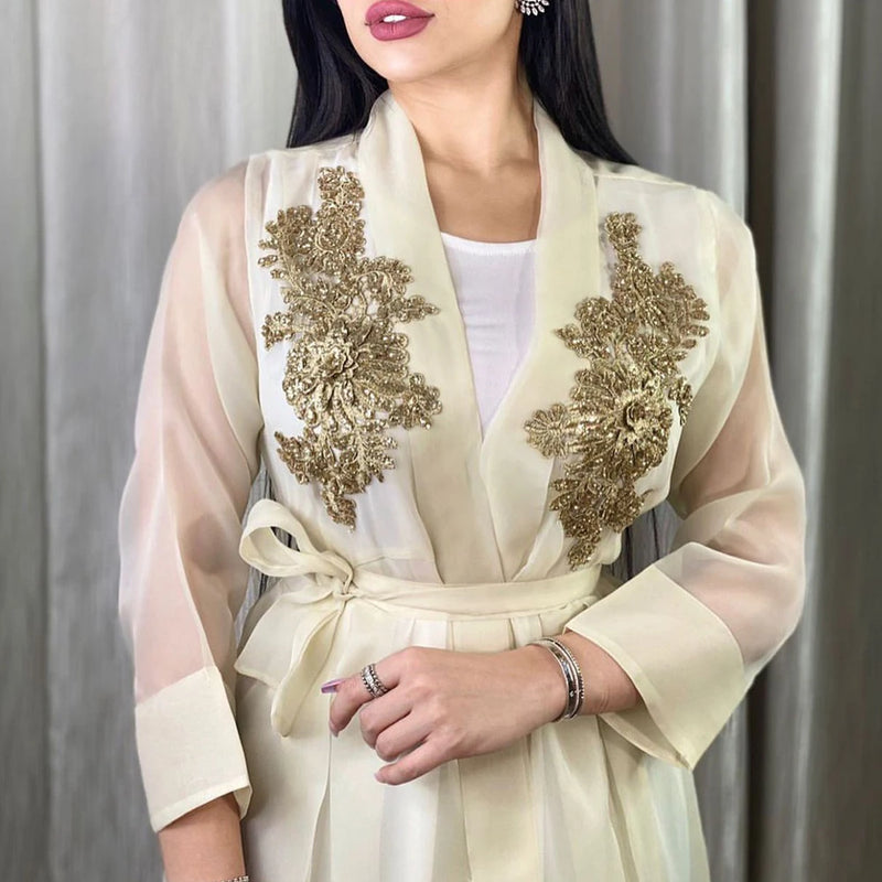 Fashion 3D appliques Abaya Dubai Arabic Muslim Fashion two pieces Suits Hijab Islam Clothing Dress Women's Vestidos Robe S3009821
