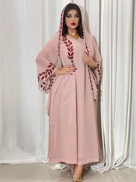 Fashion Chiffon Floral Embroidered Abaya Hijab Dress for Women Pink V Neck Long Sleeve Loose Arabic Muslim Dubai Moroccan Caftan S4817201
