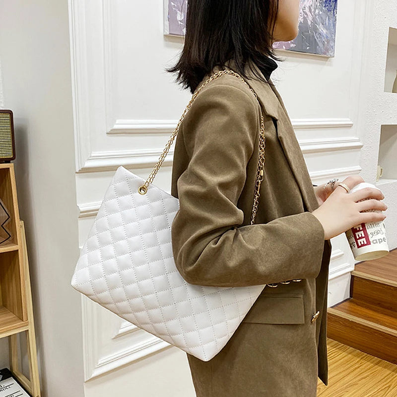 Fashion Rhombic Lattice Tote Bags for Women Solid Color PU Leather Chain Handbag Female Luxury Designer Shoulder Bag X3734457 - Tuzzut.com Qatar Online Shopping