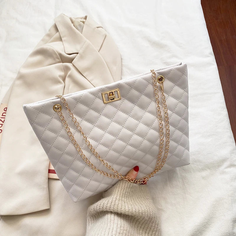 Fashion Rhombic Lattice Tote Bags for Women Solid Color PU Leather Chain Handbag Female Luxury Designer Shoulder Bag X3734457 - Tuzzut.com Qatar Online Shopping