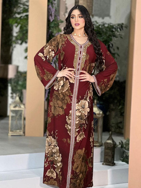 Floral Printed Abaya Long Dress Women Diamonds Arabic Party Muslim Loose Robe Saudi Gulf Jalabiya Moroccan Kaftan Maroon S4573638 - Tuzzut.com Qatar Online Shopping