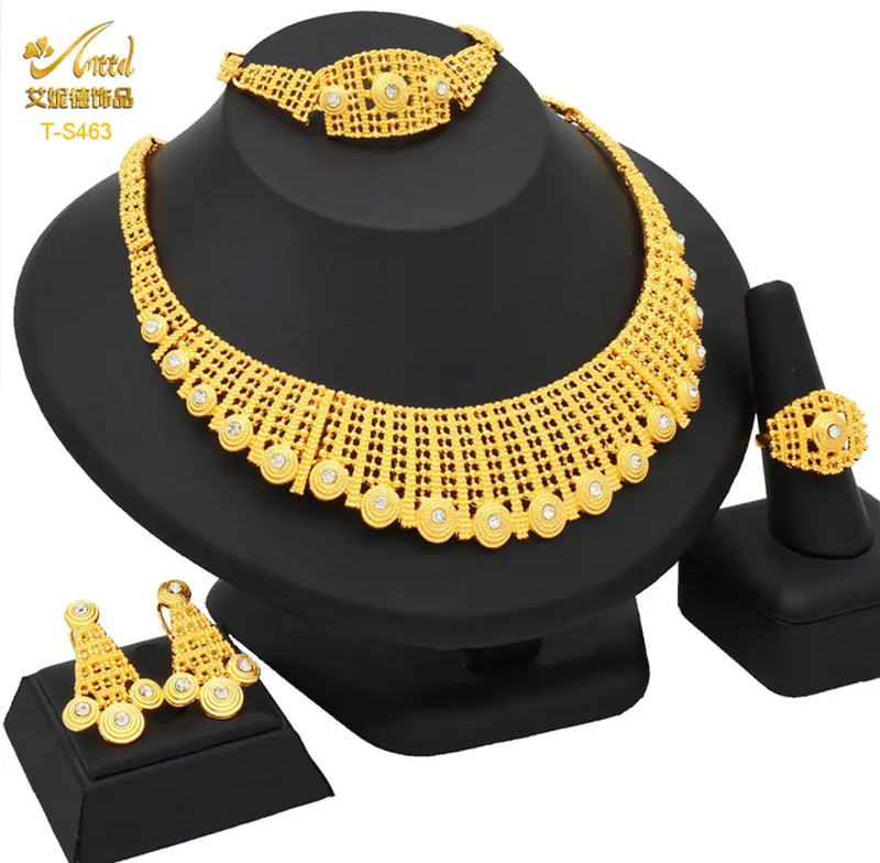 Gold Color Jewelery Set Dubai Jewelry Earrings For Women Wedding Bridal Necklace Bride Ring Bracelet - Tuzzut.com Qatar Online Shopping