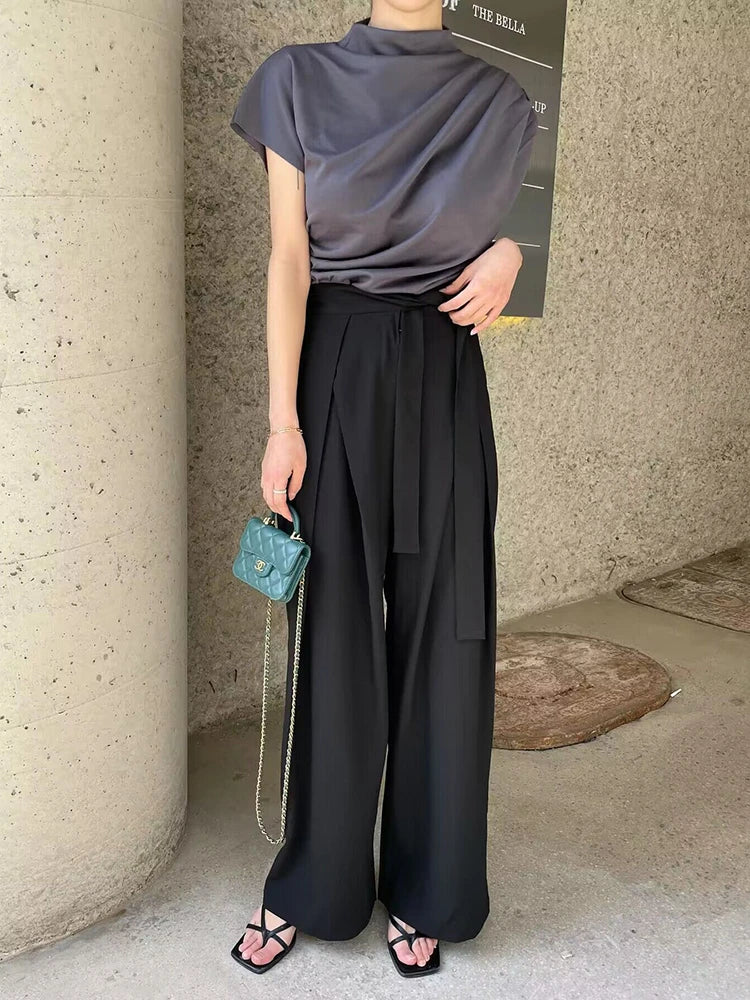 Zanzea Patchwork Lace Up Korean Trousers For Women High Wasit Folds Solid Loose Casual Wide Leg Pants Female Summer Clothing S4586389 - Tuzzut.com Qatar Online Shopping