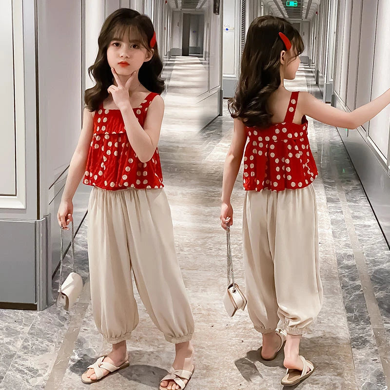 Girls Clothes Summer Kids Cute Polka Dot Sling Short Style Tops+Pants 2Pcs Sets Children Suit Baby Girl Outfit S1697361 - Tuzzut.com Qatar Online Shopping