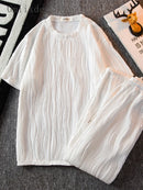 Gmiixder Men Ice Silk Striped Textured Suits Summer Short-sleeved T-shirt + Sweat Pants Grunge High-end Casual Men Outfit Set S4497490 - Tuzzut.com Qatar Online Shopping