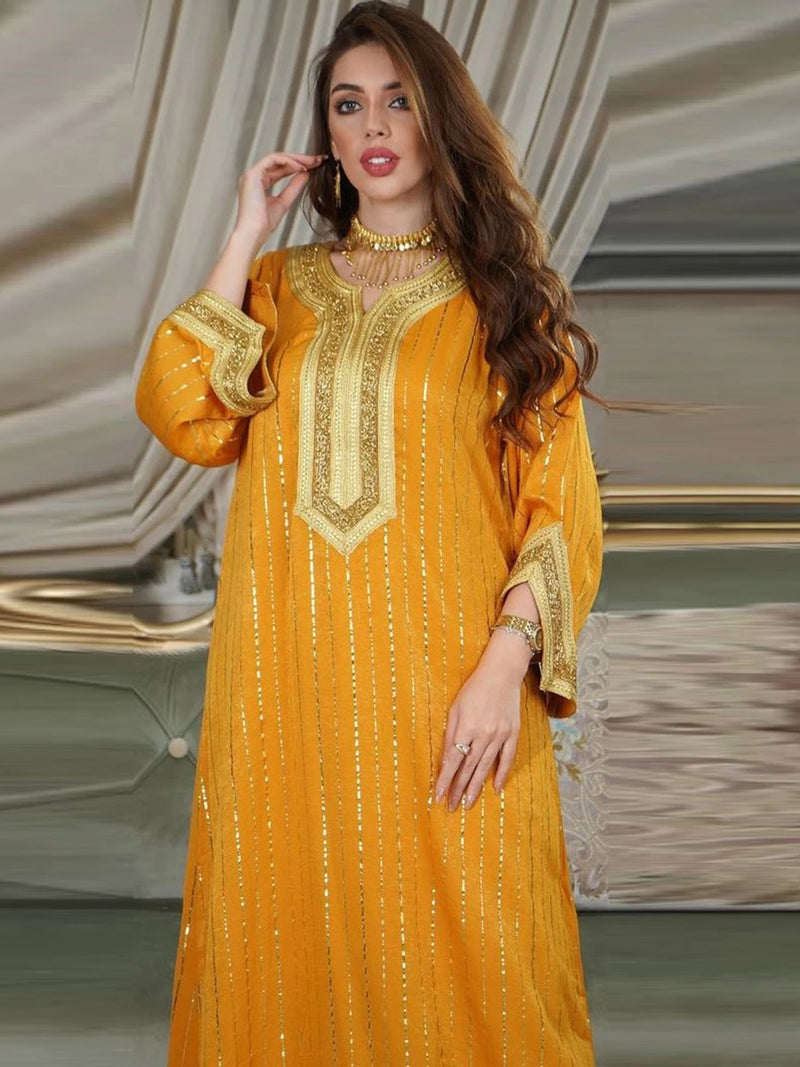 Gold Stamp Jalabiya Kaftan Abaya Dress for Women Dubai Casual Modest Robe Muslim Arab Moroccan Caftan Party Islamic Dress Robe S4685797 - Tuzzut.com Qatar Online Shopping