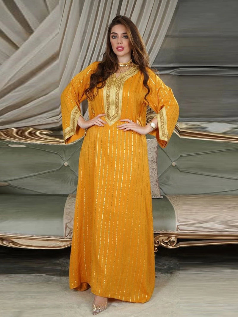 Gold Stamp Jalabiya Kaftan Abaya Dress for Women Dubai Casual Modest Robe Muslim Arab Moroccan Caftan Party Islamic Dress Robe S4685797 - Tuzzut.com Qatar Online Shopping