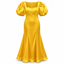 Golden Yellow Satin Puff-Sleeve Maxi Dress YD08
