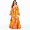 Women’s Golden Orange Floral Cold-Shoulder Maxi Dress NS128