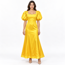 Golden Yellow Satin Puff-Sleeve Maxi Dress YD08