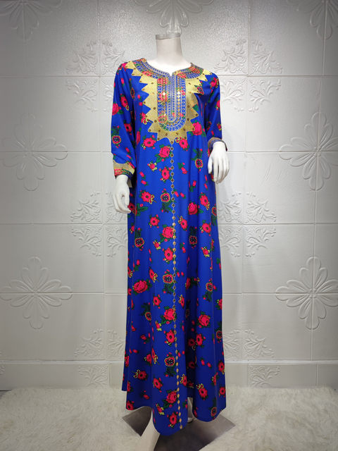 Arabic Dubai Hijab Dress for Women Jalabiya Floral Print Fashion Muslim Moroccan Caftan Kuwait Islamic Clothing Party Gown S3423235