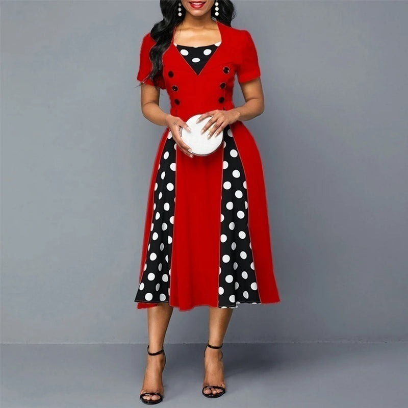 Vintage Patchwork Button Polka Dots Hepburn Printed Dress S4581683 - Tuzzut.com Qatar Online Shopping