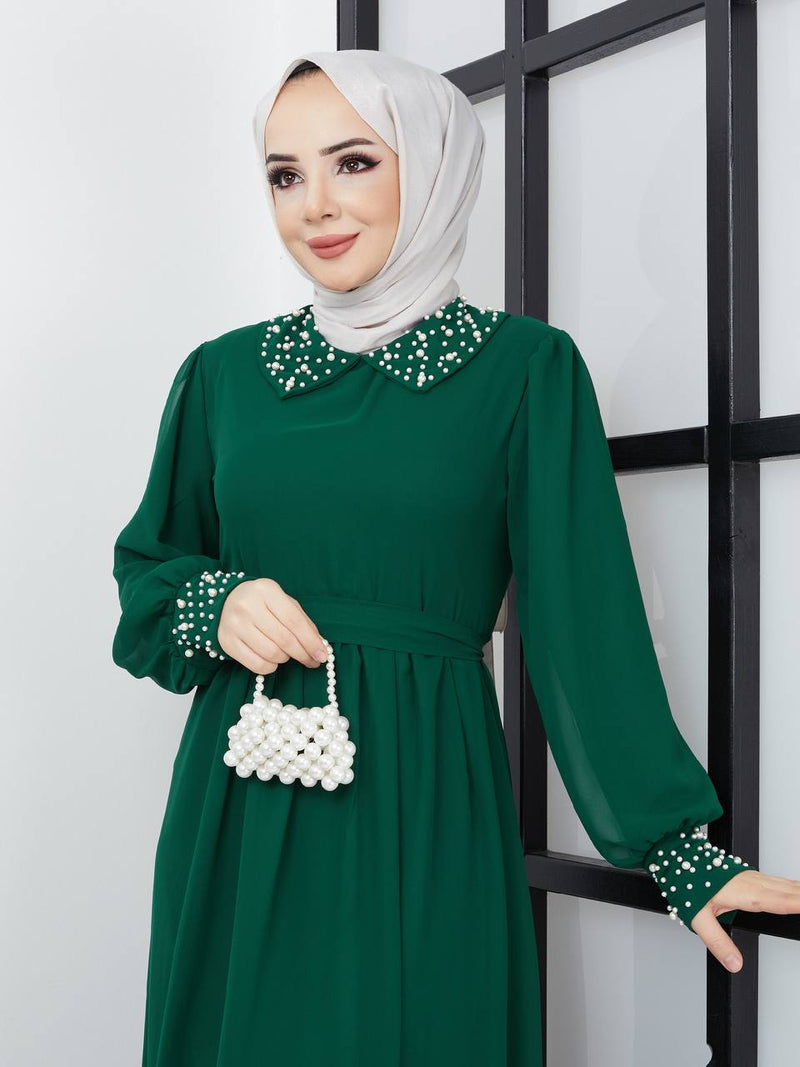 Efsun Moda Turkish Women's Saffron Chiffon Maxi Dress - 340 Green - Tuzzut.com Qatar Online Shopping