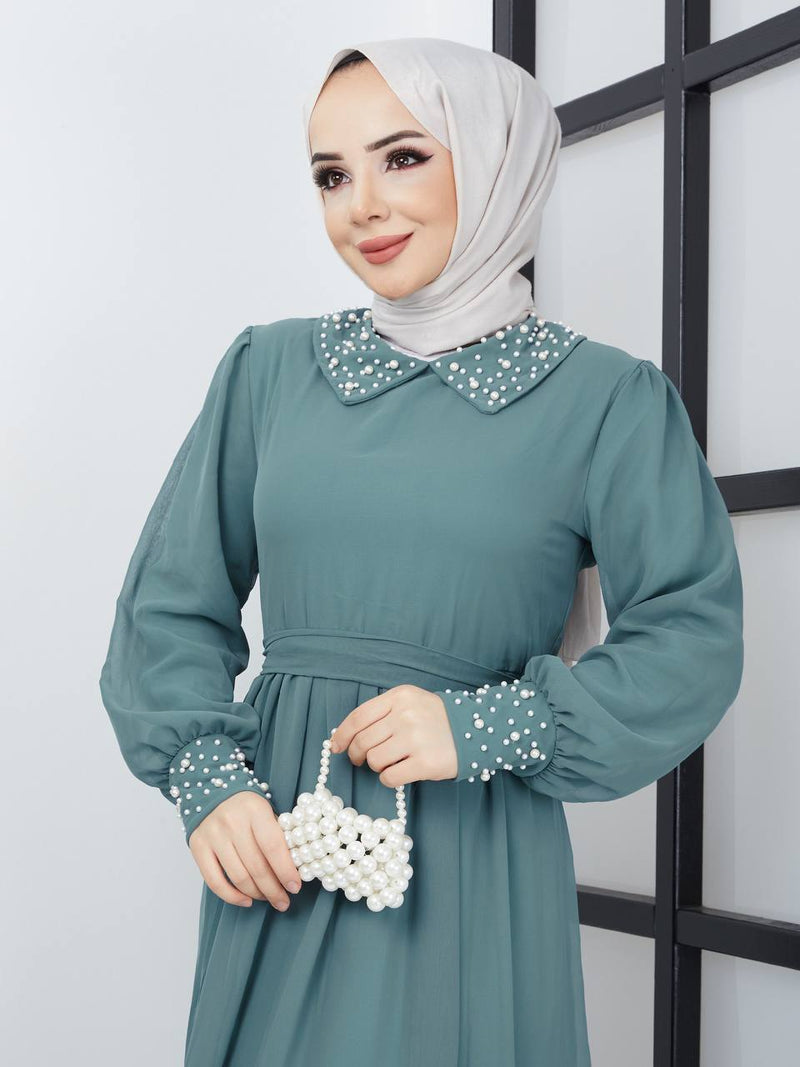 Efsun Moda Turkish Women's Saffron Chiffon Maxi Dress - 340 Bluish Grey - Tuzzut.com Qatar Online Shopping