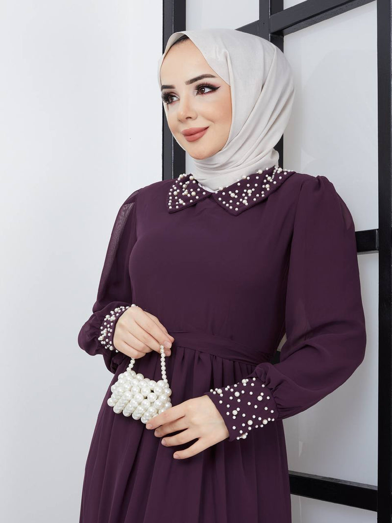 Efsun Moda Turkish Women's Saffron Chiffon Maxi Dress - 340 Dark Purple - Tuzzut.com Qatar Online Shopping