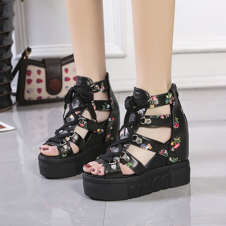 Women Floral Graphic Lace-Up Front Wedge Summer Sandals