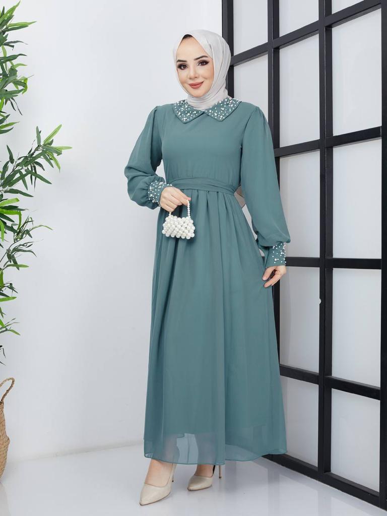 Efsun Moda Turkish Women's Saffron Chiffon Maxi Dress - 340 Bluish Grey - Tuzzut.com Qatar Online Shopping