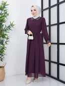 Efsun Moda Turkish Women's Saffron Chiffon Maxi Dress - 340 Dark Purple - Tuzzut.com Qatar Online Shopping