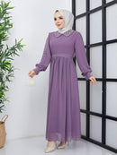 Efsun Moda Turkish Women's Saffron Chiffon Maxi Dress - 340 Purple - Tuzzut.com Qatar Online Shopping