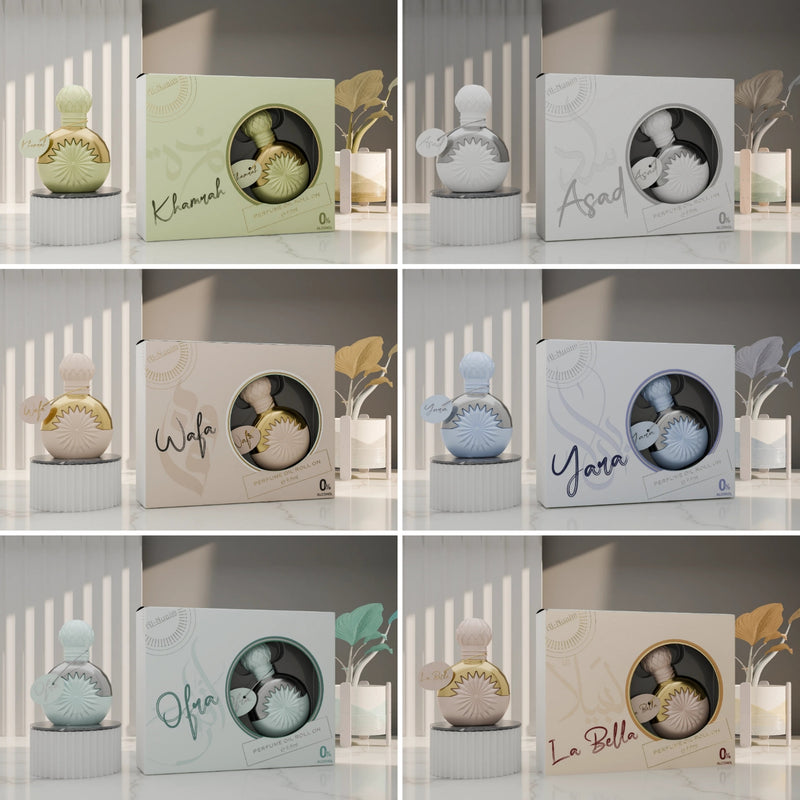 6 Pcs Al Nuaim 9.9ML Attar Perfumed Oil New Shield Series - Khamrah + Asad + Wafa + Yara + Ofra + La Bella)