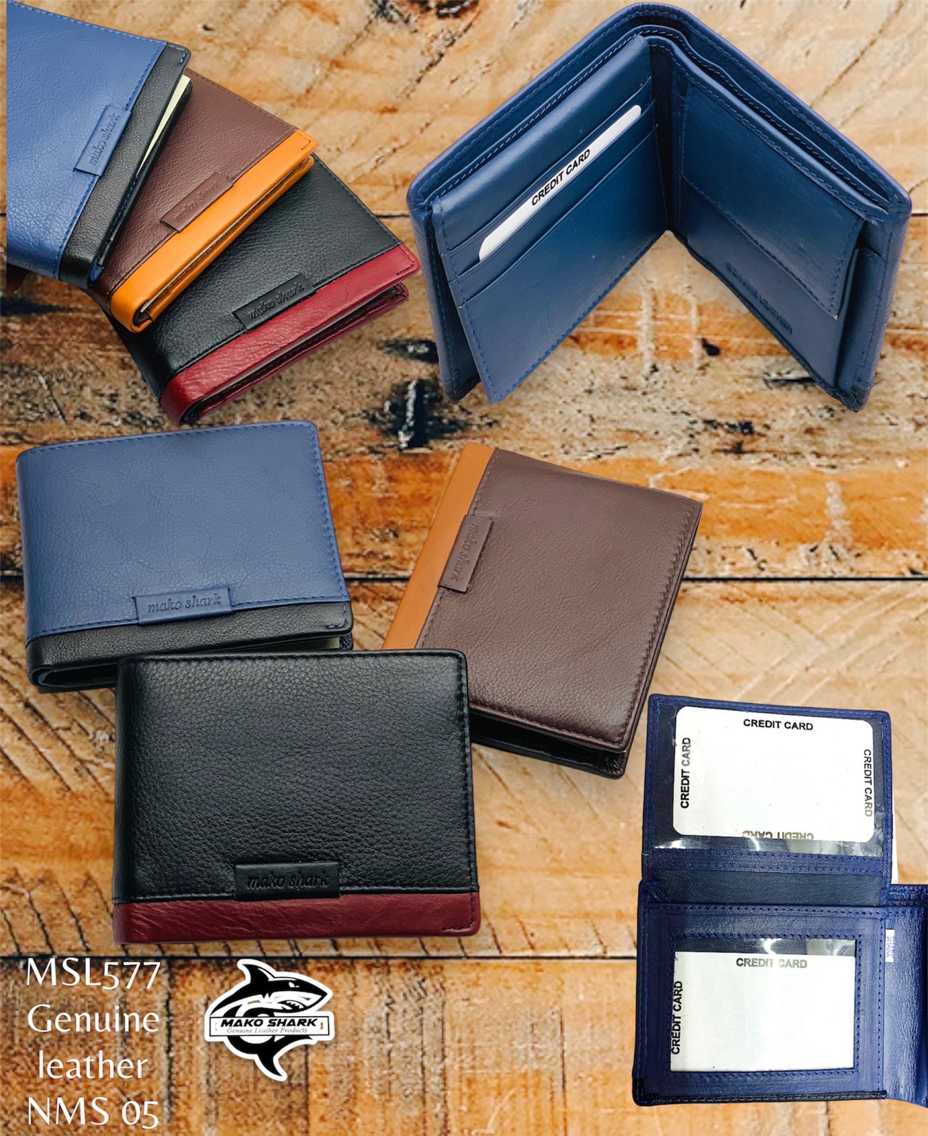 Mako Shark Bifold Card Holder Money Wallet Genuine Leather MSL577-NMS-05 Mako Shark Bifold Card Holder Money Wallet Genuine Leather MSL577-NMS-05