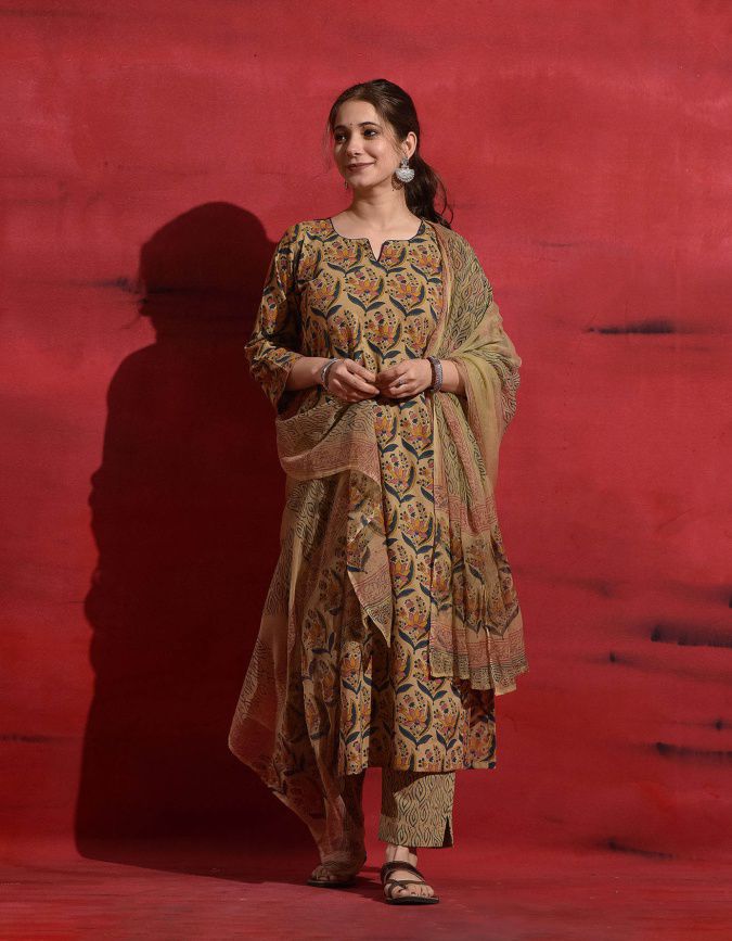 Women Cotton Mix Floral Printed Kurta Pant Dupatta Set - TPS244 Women Cotton Mix Floral Printed Kurta Pant Dupatta Set - TPS244