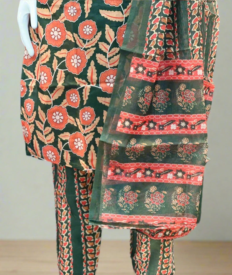 Women Cotton Mix Floral Printed Kurta Pant Dupatta Set - TPS355