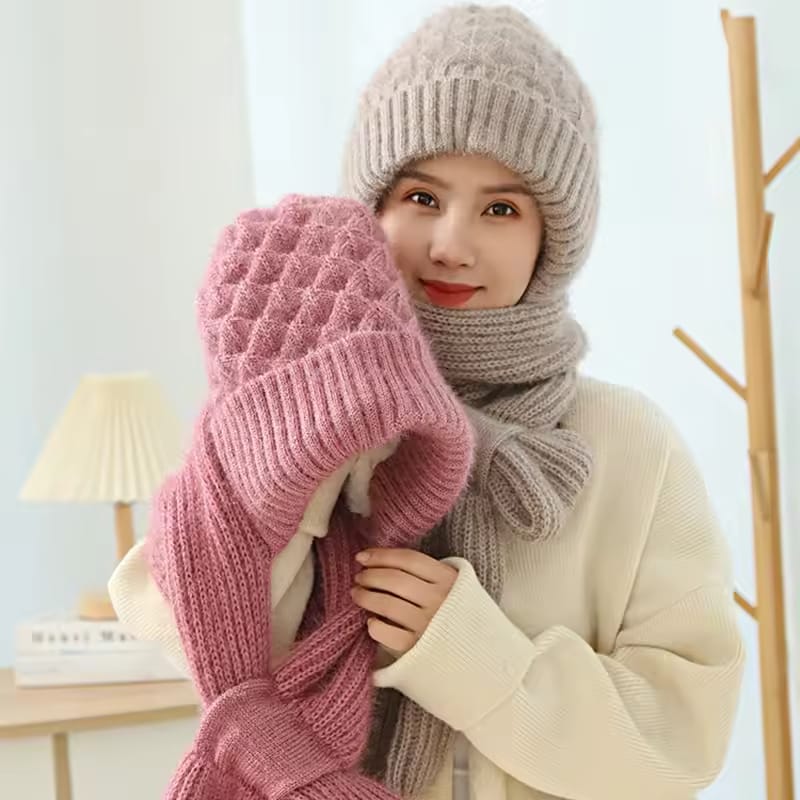 Warm Hooded Scarf Hat Winter Knitted Cap - 62634