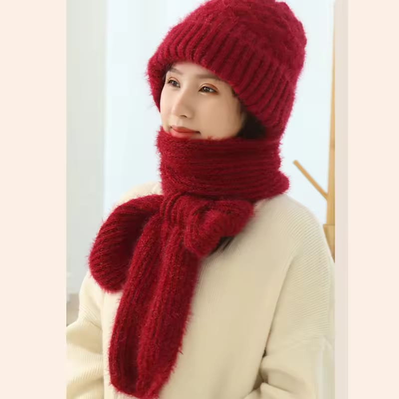 Warm Hooded Scarf Hat Winter Knitted Cap - 62634