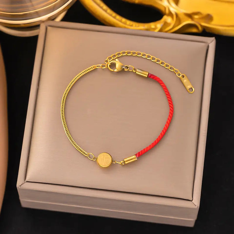 Stainless Steel Blessing Red Rope Bracelet For Women Girls Gold Color Exquisite Chinese Style