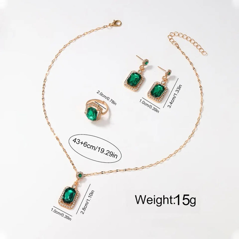 Fashion and Exquisite Rectangular Green Jewelry Necklace Earrings Ring - Tuzzut.com Qatar Online Shopping