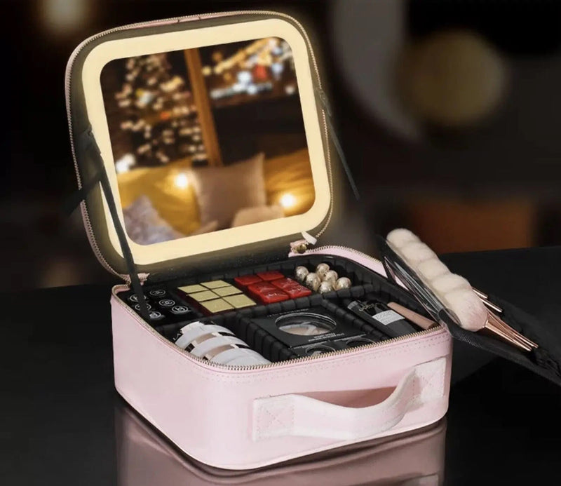 Portable Travel Makeup Cosmetic Organizer Bag with LED Mirror