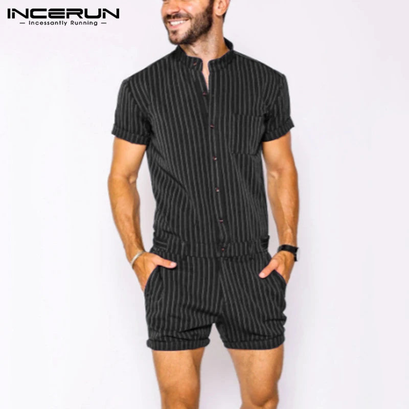 INCERUN Striped Men Rompers Breathable Stand Collar Short Sleeve Joggers Playsuits Streetwear Fashion Men Jumpsuits Shorts S2349186 - Tuzzut.com Qatar Online Shopping