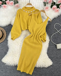 Women's Elegant Pearl O-neck Knitted Pearl Sweater + Knitted Camis Dress Set Two Piece Suit - WS1003 - Tuzzut.com Qatar Online Shopping
