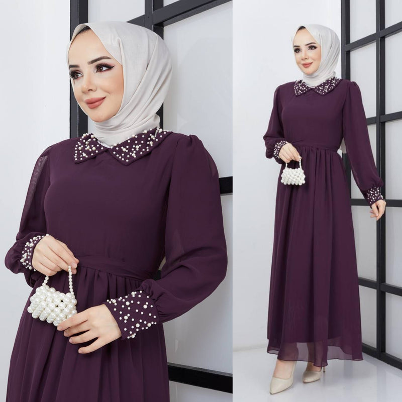 Efsun Moda Turkish Women's Saffron Chiffon Maxi Dress - 340 Dark Purple - Tuzzut.com Qatar Online Shopping