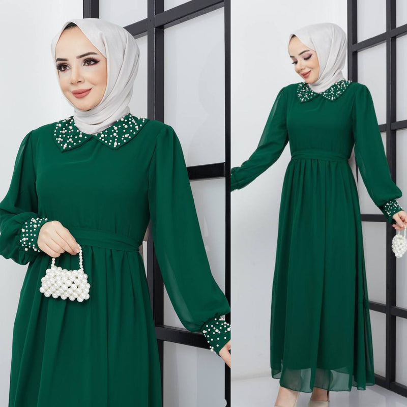 Efsun Moda Turkish Women's Saffron Chiffon Maxi Dress - 340 Green - Tuzzut.com Qatar Online Shopping