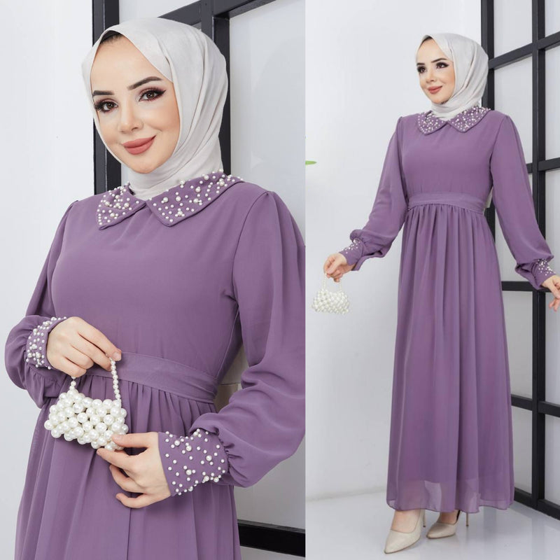 Efsun Moda Turkish Women's Saffron Chiffon Maxi Dress - 340 Purple - Tuzzut.com Qatar Online Shopping