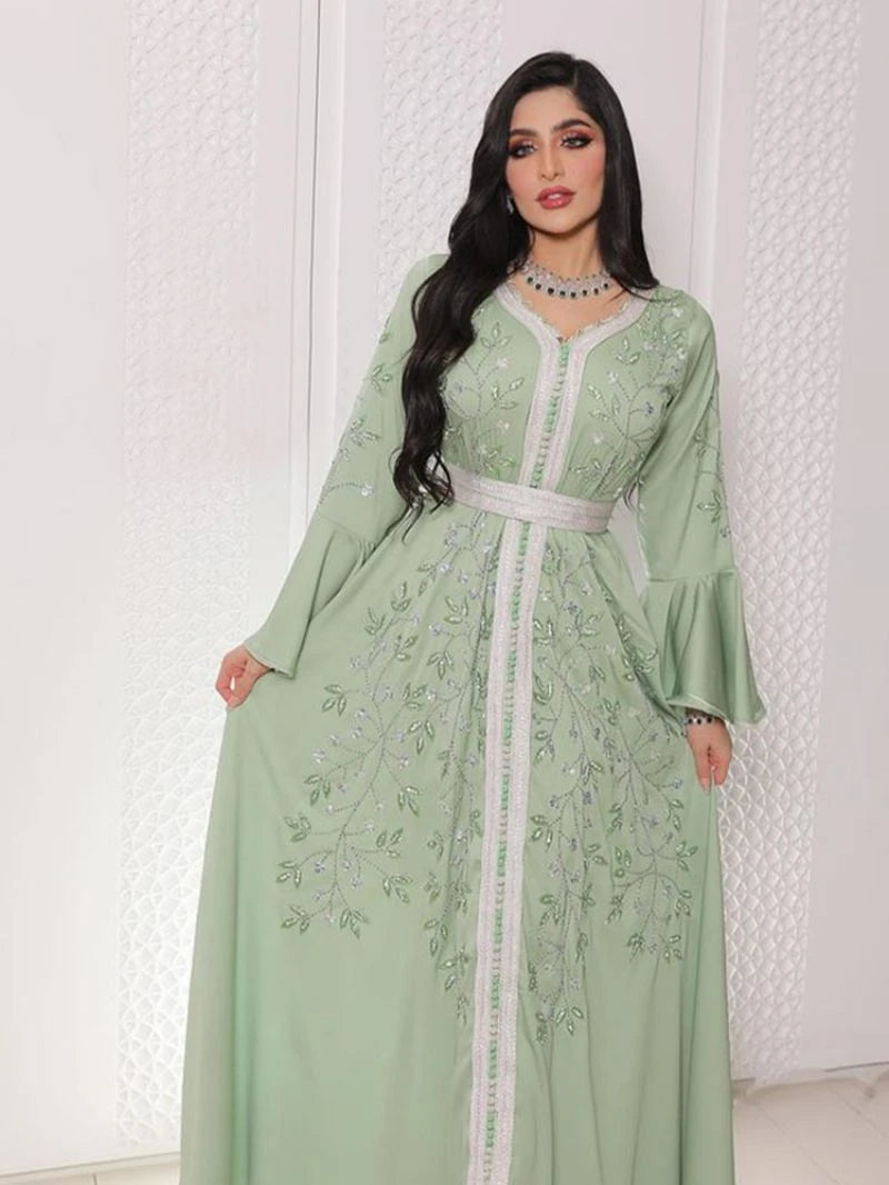 India Turkey Muslim Abaya Dresses Women Elegant Diamond Wedding Evening Party Dress Lace Belted Jilbab Abaya Morocco Caftan Robe X4601606 - Tuzzut.com Qatar Online Shopping