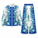Women’s Royal Blue & Ivory Peacock Print Jacket and Wide-Leg Trouser Set YD61