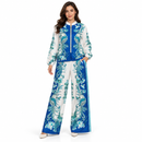 Women’s Royal Blue & Ivory Peacock Print Jacket and Wide-Leg Trouser Set YD61