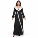 Women’s Black Maxi Dress with Ivory Shawl Collar and Silver Fringe YD84