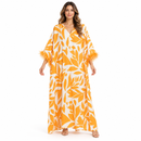 Women’s Orange Leaf-Print Maxi Kaftan with Feather-Trim Sleeves S4953
